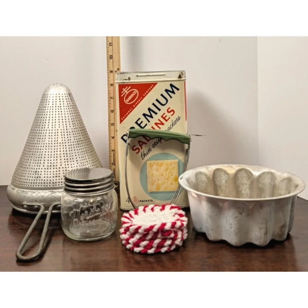 Vintage Kitchen Lot Aluminum Food Mill Nabisco Tin Jello Mold Pastry Blender 6pc